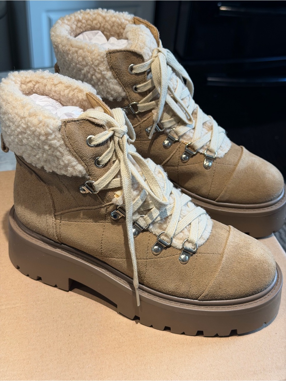 Steve Madden Tan Suede Sherpa-Lined Lace-Up Boots